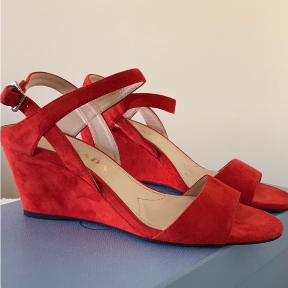 PRADA NEW ❤️Red suede wedge heel sandals size 37.5 - Picture 7 of 7
